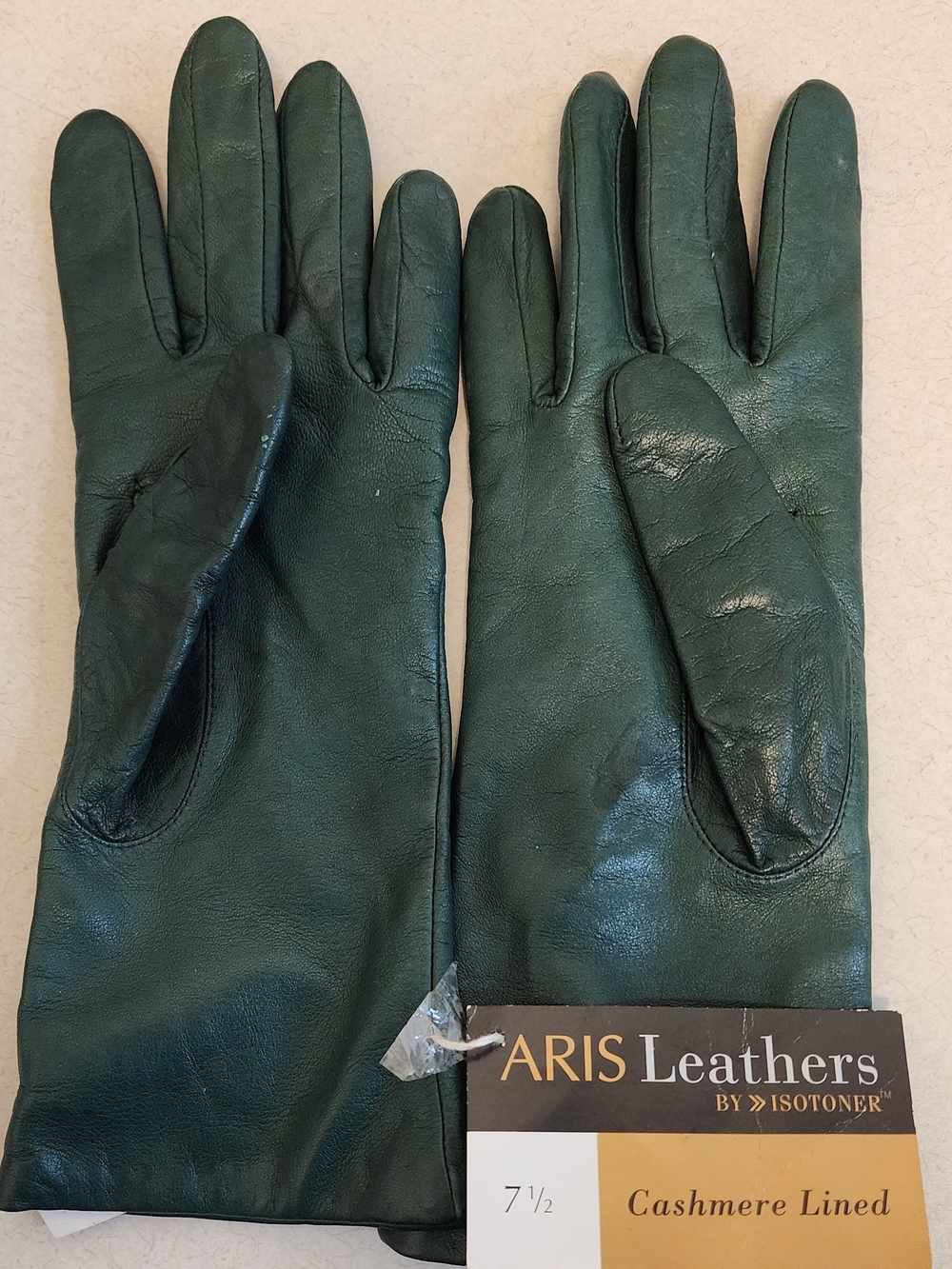 Vintage Isotoner Women's Dark Green Leather Gloves Cashmere Lined